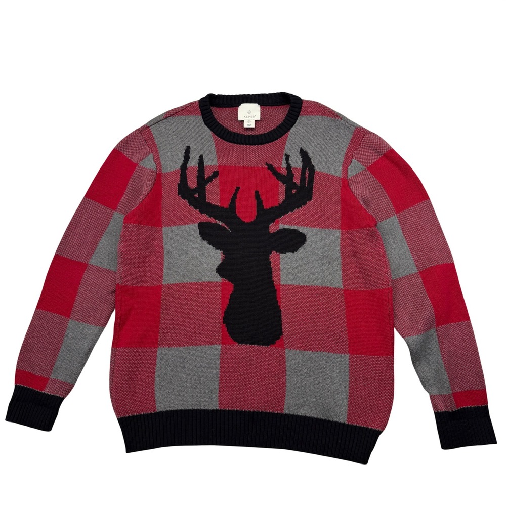 Aspen Mens L buck stagRed Grey Plaid Deer Sweater Crew Neck Christmas